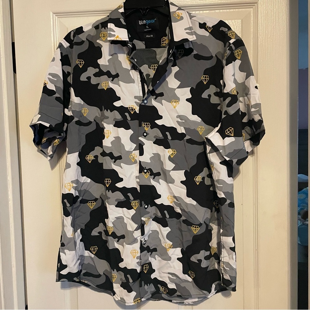 Blue Gear Camouflage black w/ Diamonds Short Sleeve Button Down Shirt Mens Xl